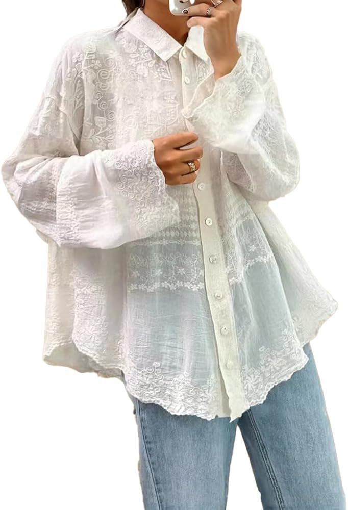 Women‘s Long Sleeve Shirt V Neck Hollow Embroidered Tops Button Front Blouse Casual Loose Dress... | Amazon (US)