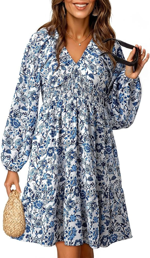 Dokotoo Spring Dresses for Women 2026 Boho Floral V Neck Long Sleeve Smocked Elastic Waist Casual... | Amazon (US)