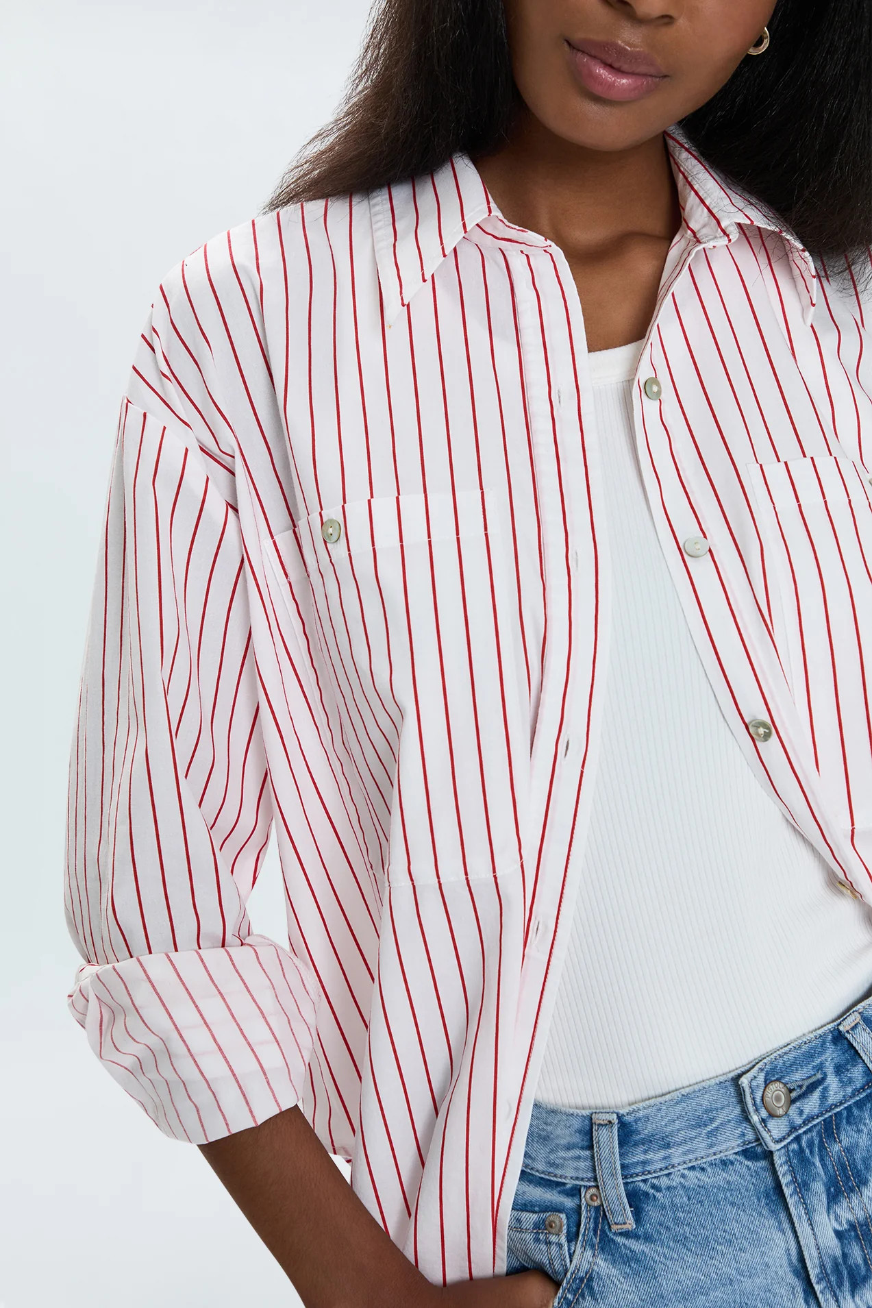 Samantha Oversized Button Up Shirt - Ruby Stripe | Pistola Denim