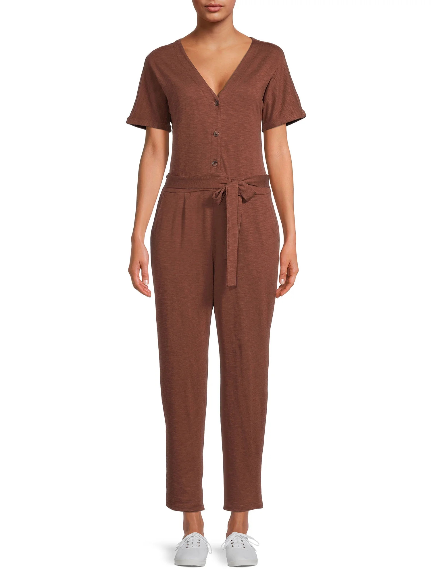 Time and Tru Women's Short Sleeve Knit Jumpsuit with Belt - Walmart.com | Walmart (US)
