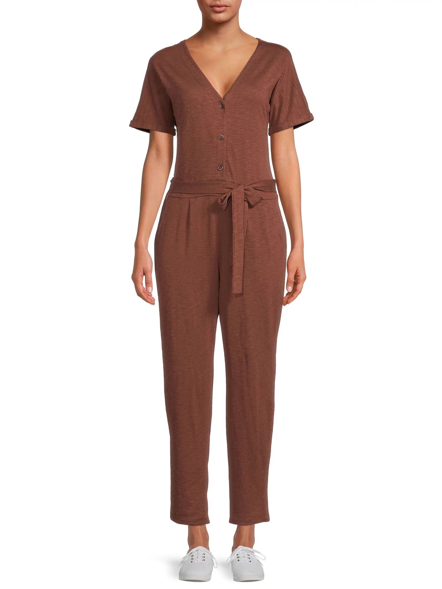 Time and Tru Women's Short Sleeve Knit Jumpsuit with Belt | Walmart (US)
