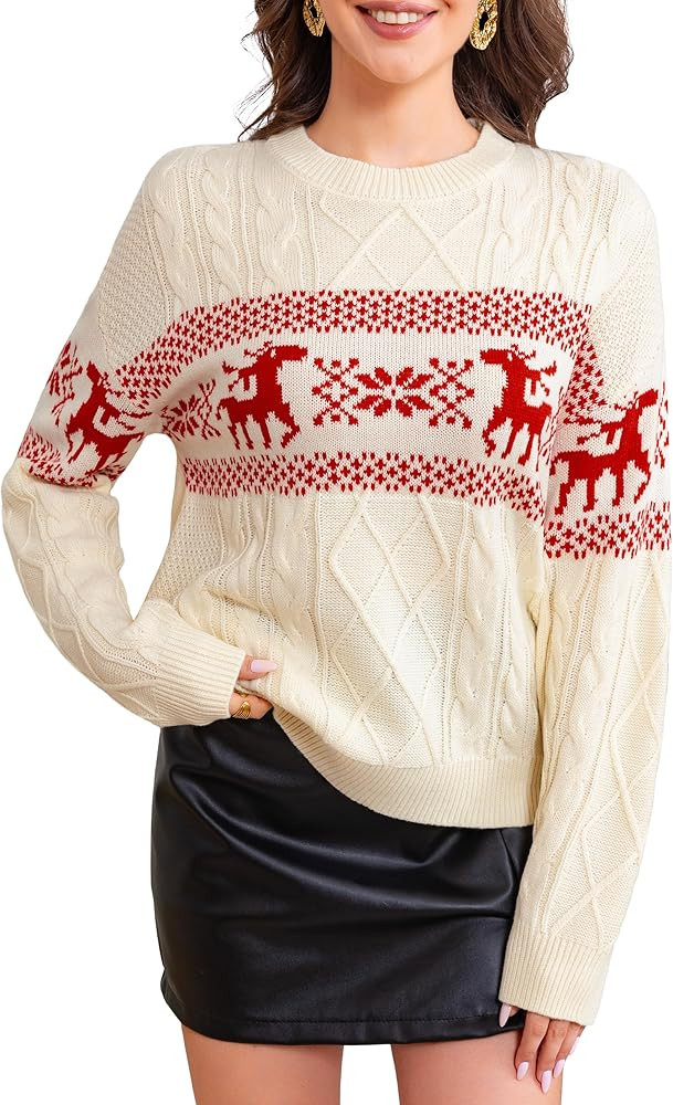 Miessial Women's Knitted Christmas Pattern Sweater Comfy Crewneck Long Sleeve Pullover Sweater | Amazon (US)