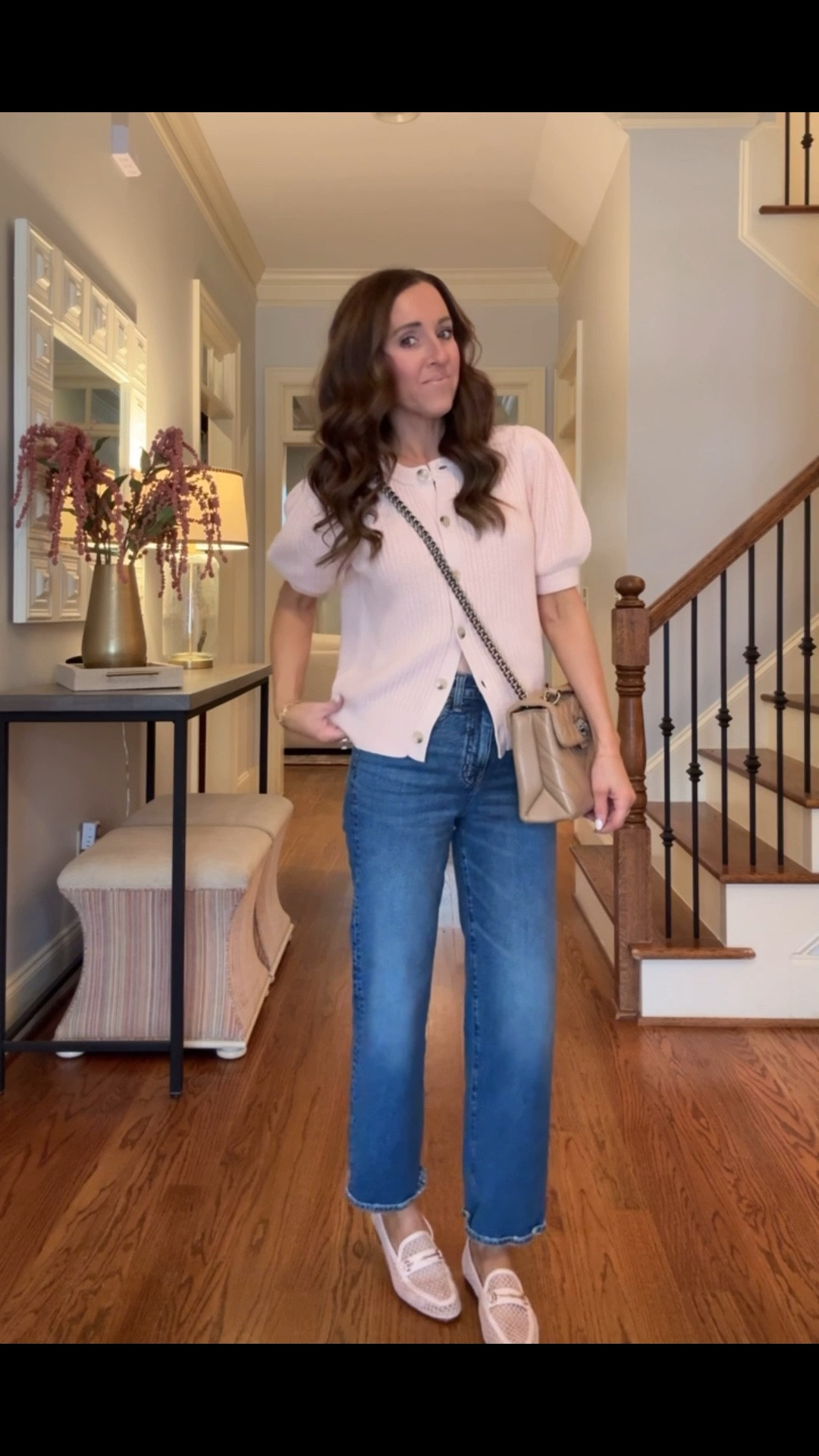 Mesh pink loafers. Spring cardigan sweater. Short sleeve cardigan. 
Sweater S. Loafers TTS. Jeans down 1 size, 24

#LTKOver40 #LTKPetite #LTKSeasonal