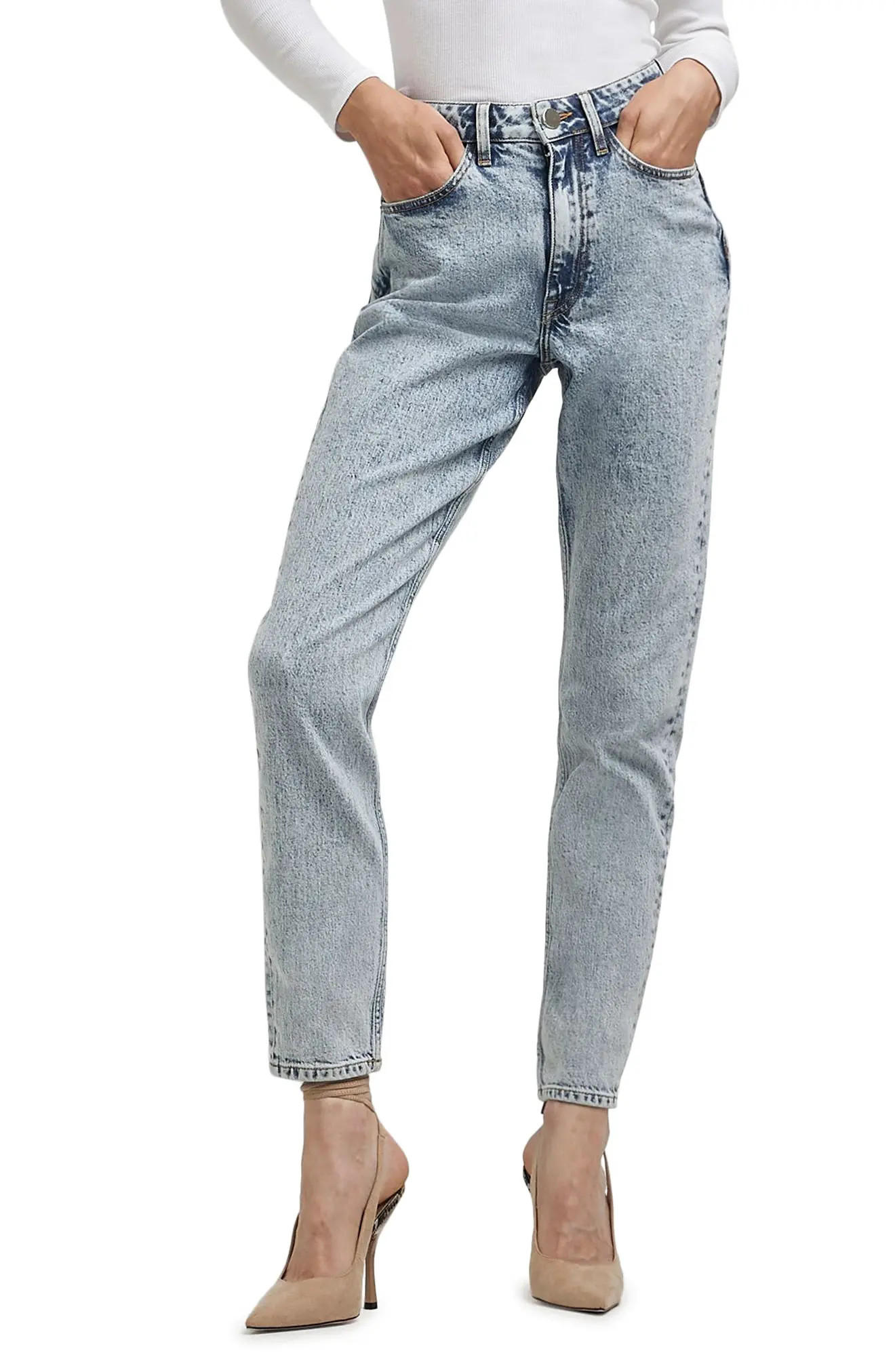 River Island Rave High Waist Straight Leg Mom Jeans, Size 12 Us in Light Denim at Nordstrom | Nordstrom