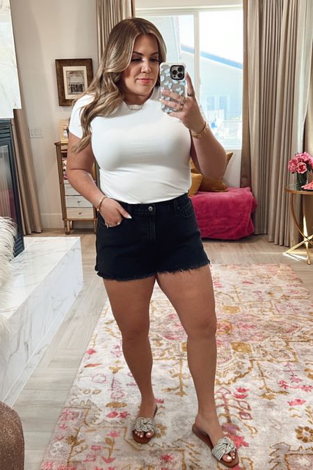 curvy spring denim shorts look! wearing size xl in fitted white cropped tee and size 32 in black washed denim short shorts! 

#LTKSeasonal #LTKunder100 #LTKcurves