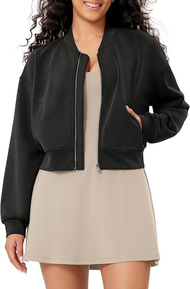 ODODOS Modal Soft Full-Zip Bomber Jacket for Women Long Sleeve Casual Fall Outfit Crop Top with P... | Amazon (US)