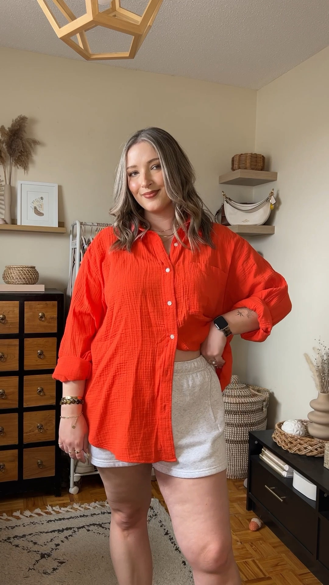 Casual spring to summer outfit 30% off! Wearing my usual size L in the gauze coverup shirt (love this bright red orange, but it comes in a bunch of colorways), and my usual L in the sweat shorts. New Balance sneakers are super comfy but run big, I’m usually a 9.5-10 and wear a 9.


#LTKsale #LTKmidsize #LTKsummer