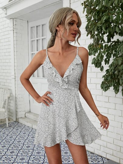 Surplice Neck Ruffle Hem Dalmatian Cami Dress | SHEIN