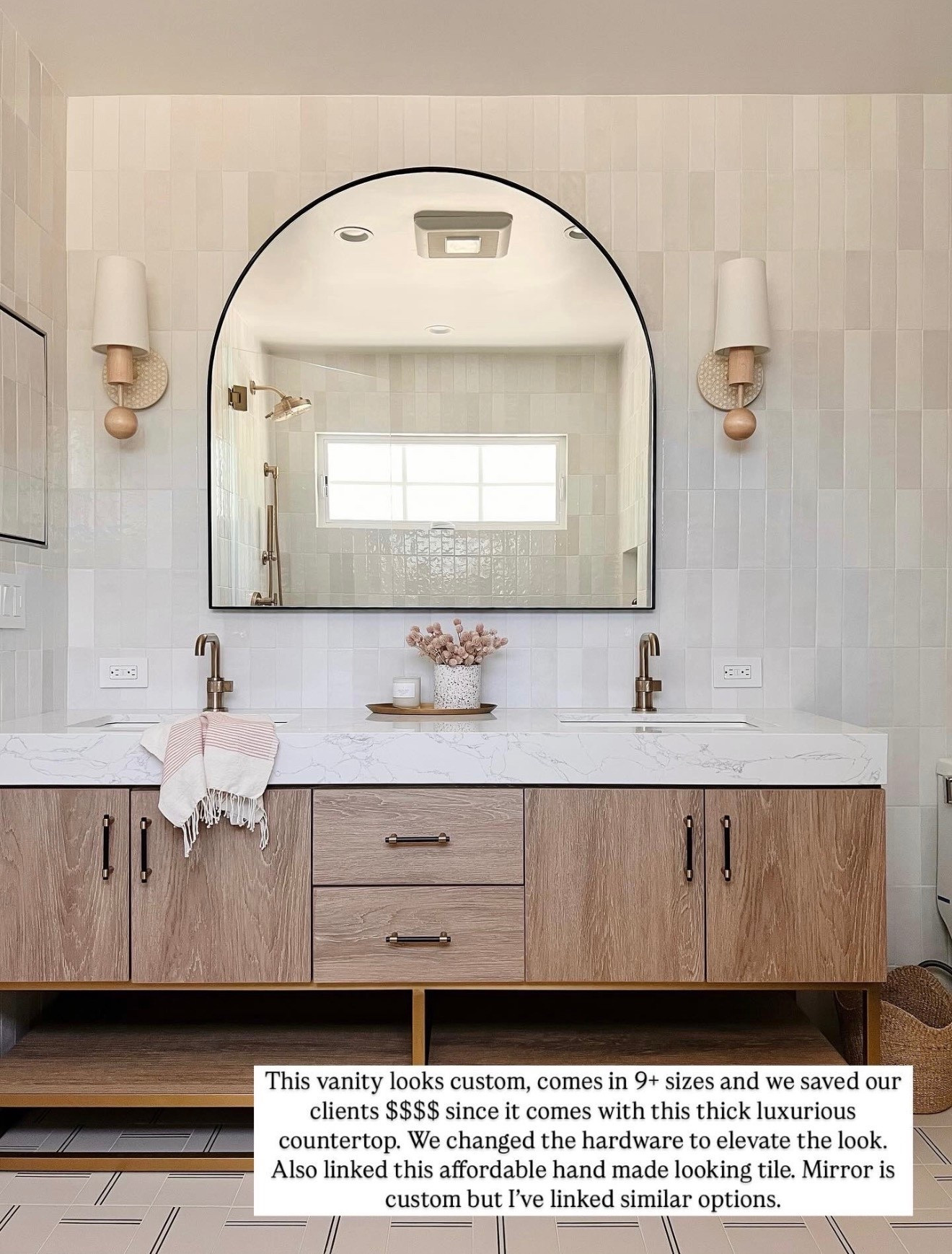 This vanity looks so custom and saved our clients so much SSSS. Anytime you can buy a vanity with a countertop you'll save thousands since you don't have to buy a countertop plus pay for fabrication.
Wayfair is always my go to for custom looking vanities and anything home decor related. Be sure to check it out!

Wood vanity oval capsule, mirror, rectangle, mirror, medicine cabinet, brass faucets, brass hardware, bra, shower system, white soaking tub bra, sconces, bubble chandelier, bathroom, accessories, white tile, gray tile marble tile sink rug runner

#LTKSaleAlert #LTKHome