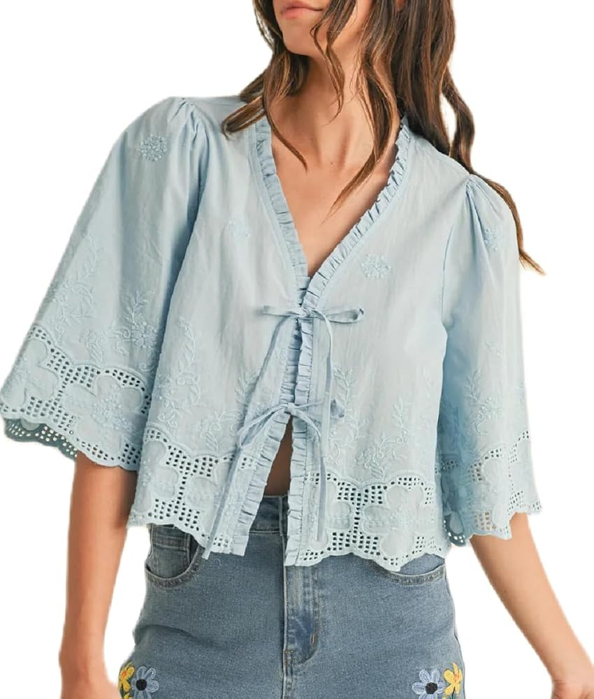 Women Lace Tie Front Top Ruffle Trim Long Sleeve Chiffon Cardigan Boho Flowy Coquette Peplum Shir... | Amazon (US)