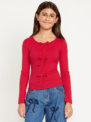 Fitted Long-Sleeve Ribbed Bow-Tie Top for Girls | Old Navy (US)