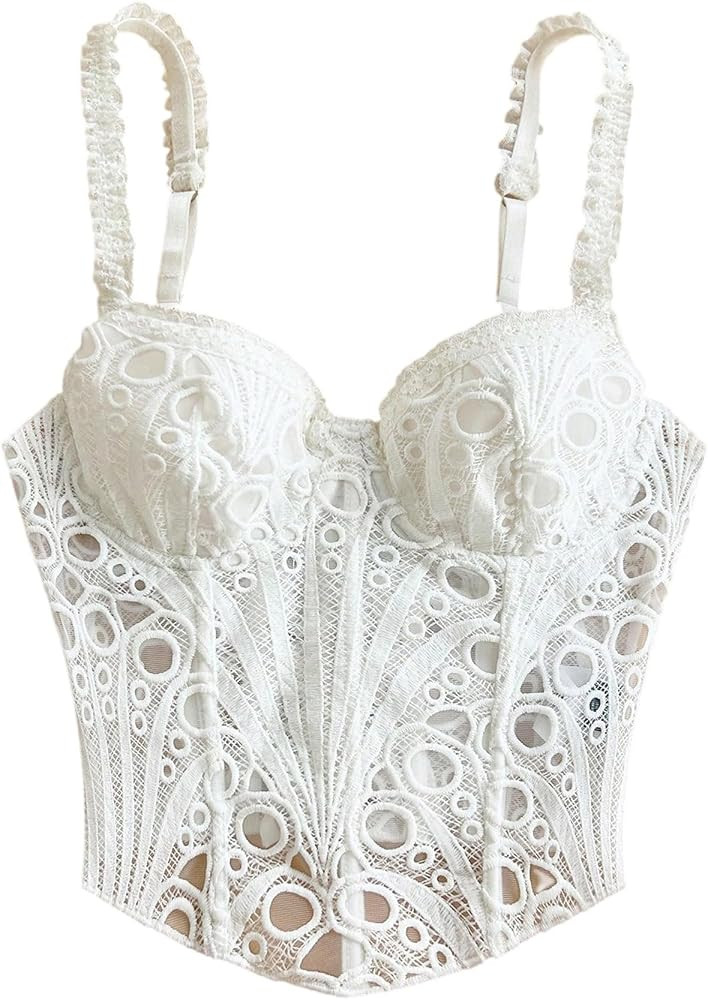 SHENHE Women's Bustier Corset Top Mesh Embroidered Spaghetti Strap Going Out Corset Party Top | Amazon (US)