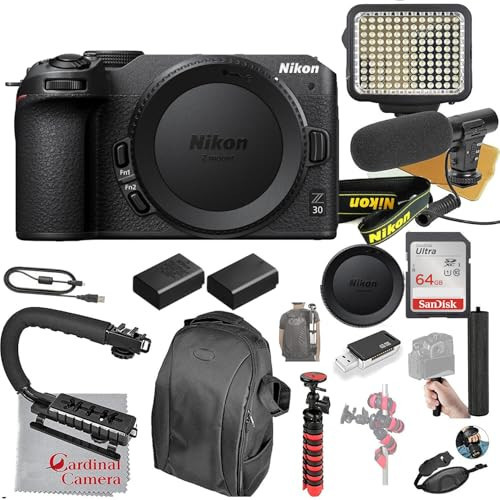 Nikon Z30 Mirrorless Camera Body Only Video Bundle + LED Video Light + Microphone + Ultra Speed 64GB Memory (24pc Bundle) | Amazon (US)
