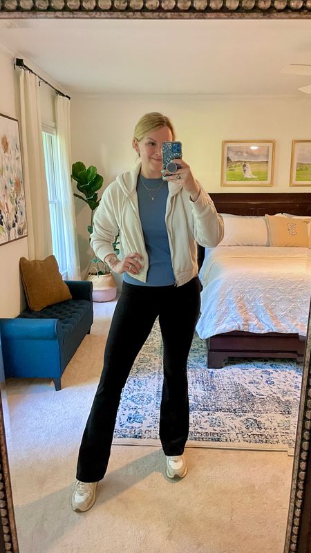 Comfy working from home ootd

Love these flared leggings and the ones old navy makes (they are a little thinner but great affordable option!) 

Cropped hooded jacket had pockets. Super soft and cozy

Ribbed tee is a great affordable find. So easy to dress up for the office.

Sneakers

Wearing my normal size in everything 

#LTKSeasonal #LTKshoecrush #LTKunder50