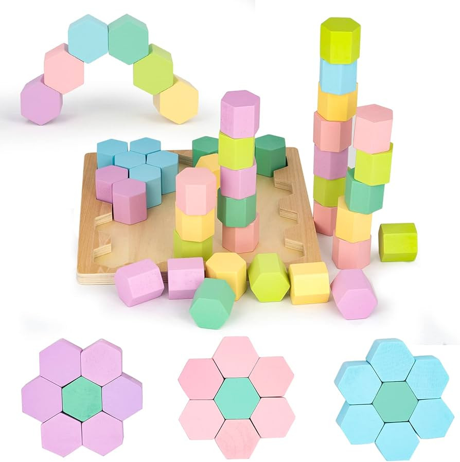 Hexablox 39pcs - Wooden Stacking Blocks - Montessori Wooden Toddler Toys for 1+ Year Old Boys Girls  | Amazon (US)