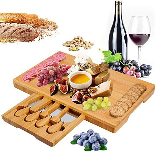 Bamboo Cheese Board and Knife Set, Cheese Plate Charcuterie Platter Serving Tray for Wine, Crackers, | Amazon (US)