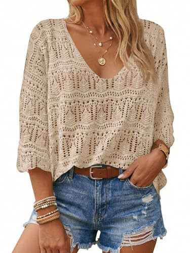 Saodimallsu Womens Crochet Cover Up Tops 3/4 Sleeve V Neck Summer Boho Knit Beach Coverups 2026 Resort Wear Beige | Amazon (US)