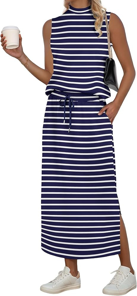 GRECERELLE Two Piece Skirt Sets for Women Sleeveless Mock Neck Top Split Maxi Skirt Vacation Trav... | Amazon (US)