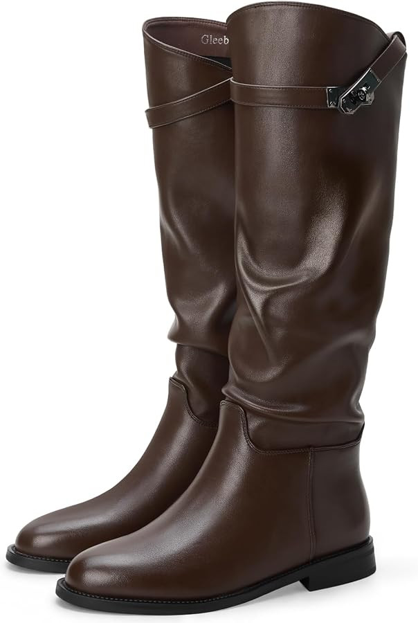 Women's Knee High Boots Round Toe Low Heel Pull-On Riding Boots | Amazon (US)