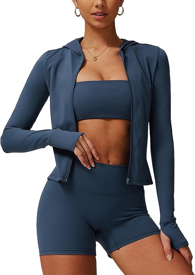 2 Piece Workout Sets for Women High Waisted Shorts Long Sleeve Athletic UPF 50+ Jacket Gym Yoga O... | Amazon (US)
