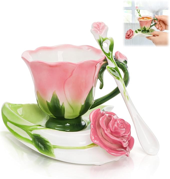 Cididu Pink Tea Cups with Saucer and Spoon, 4.5 Oz Small Ceramic Rose Flower Tea Cup Set for Wome... | Amazon (US)