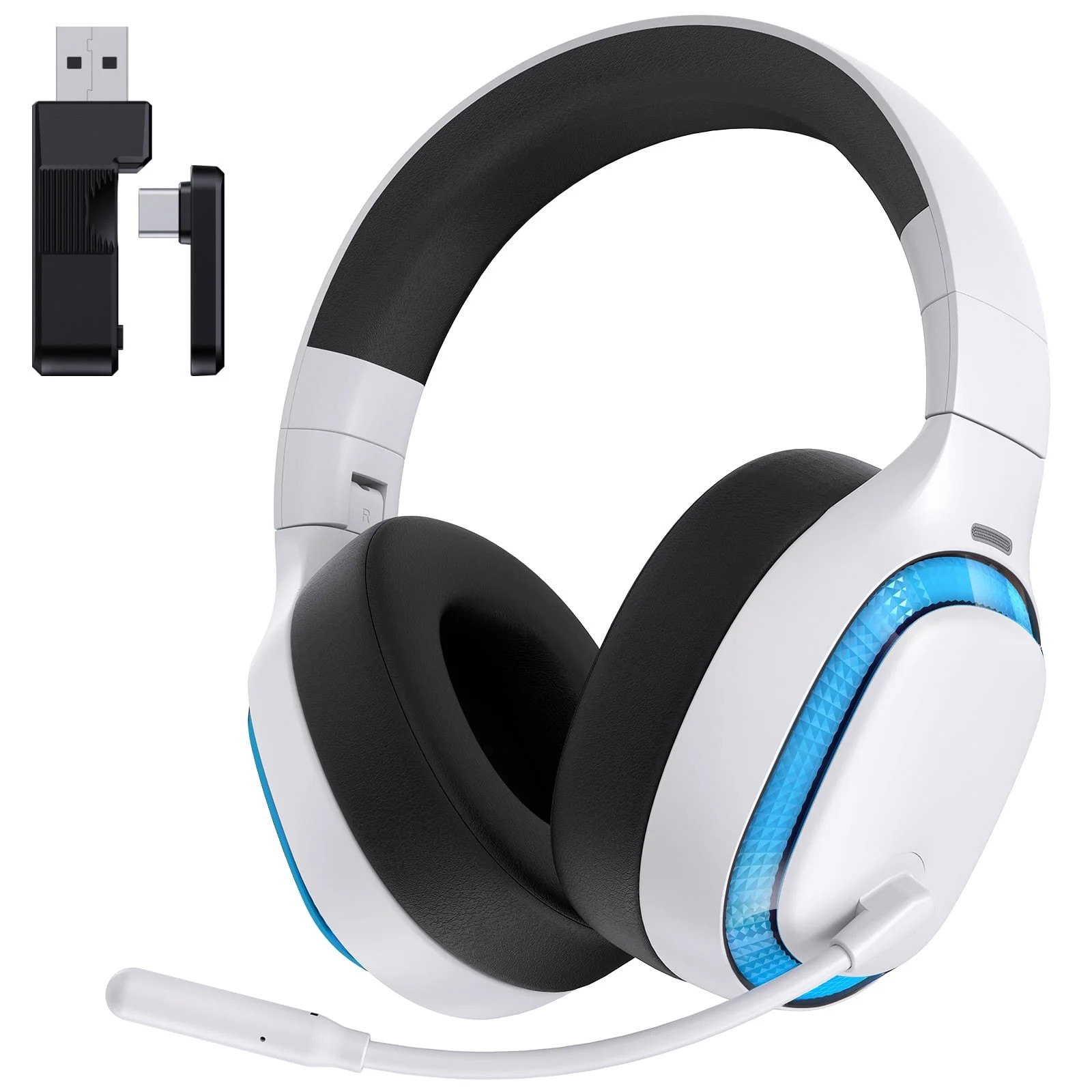 Ecomoment Wireless Gaming Headset for PS5, PC,Switch,Mac with Bluetooth 5.4, 2.4GHz USB PS5 Headset with Mic,Gaming Headphones with RGB Light, 70H Battery Life,White&blue/ | Walmart (US)