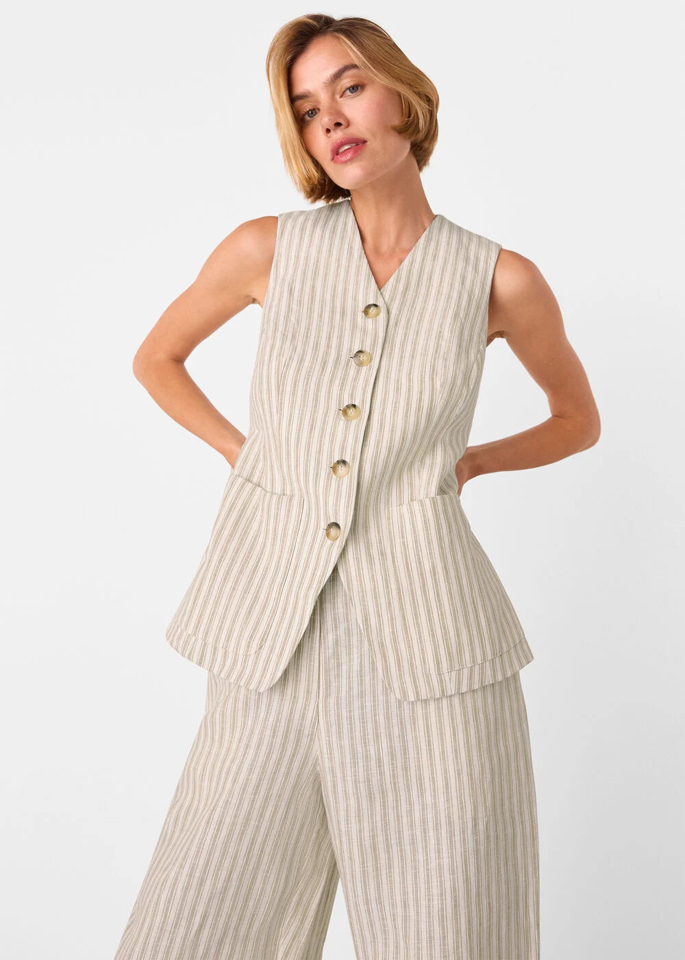 Neutral Linen Stripe Waistcoat | WHISTLES | Whistles UK | | Whistles