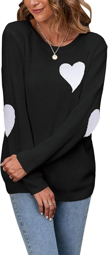 shermie Women's Cute Heart Pattern Elbow Patchwork Casual Crewneck Knitted Sweaters Pullover | Amazon (US)