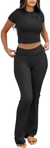 ANRABESS 2 Piece Lounge sets for Women | Soft Comfy Stretchy, Crop Top & Foldover Flare Leggings,... | Amazon (US)