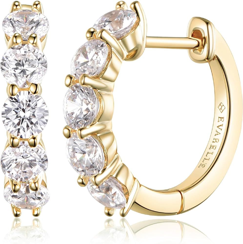 Evabelle Gold Hoop Earrings for Women 14K Real Gold Plated Huggie Hoop Earring Diamond Cut Cubic ... | Amazon (US)
