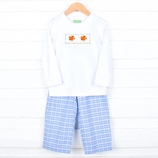 Turkey and Pumpkin Smocked Plaid Pant Set | Classic Whimsy