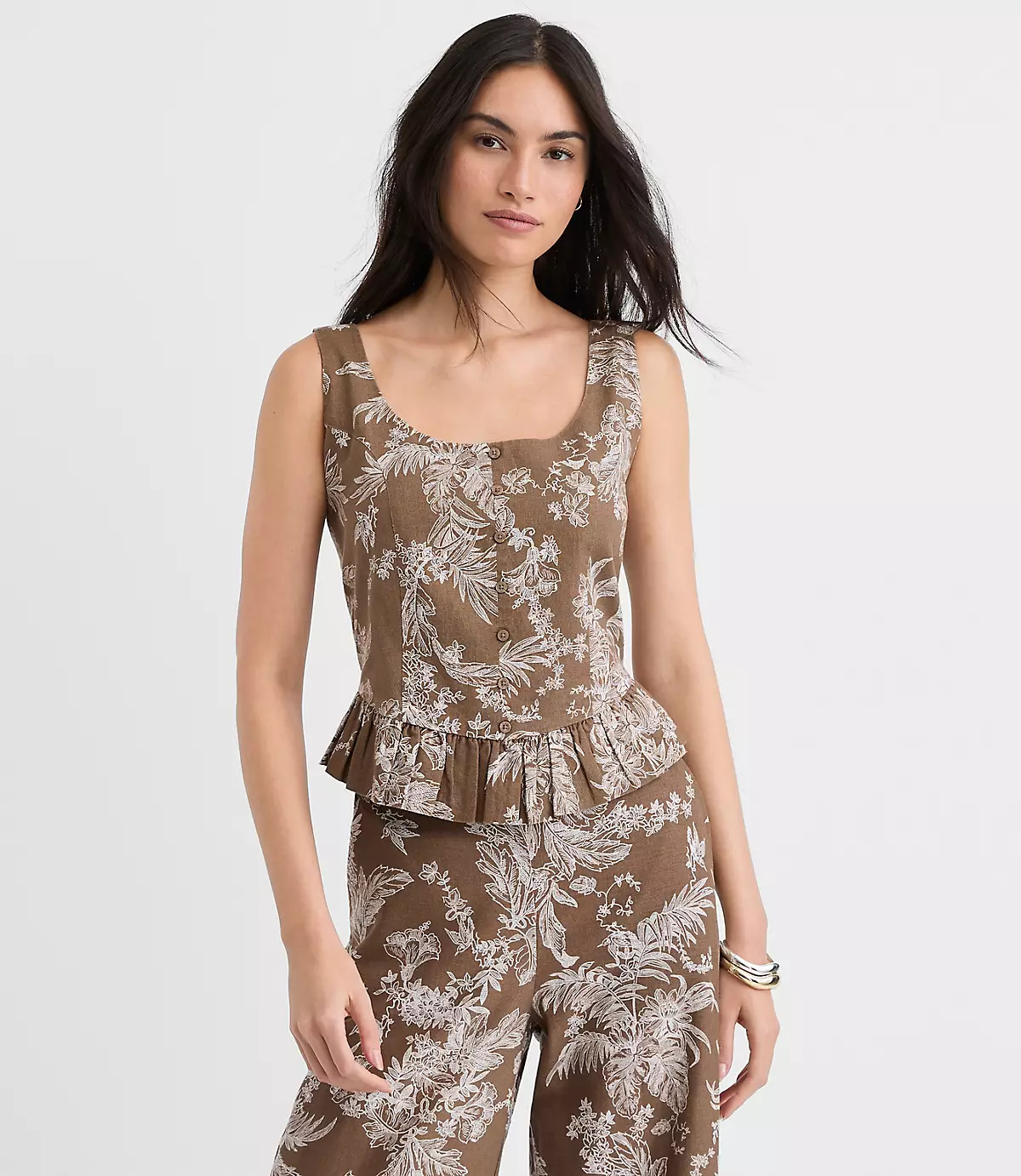 Floral Toile Linen Cotton Peplum Top | LOFT