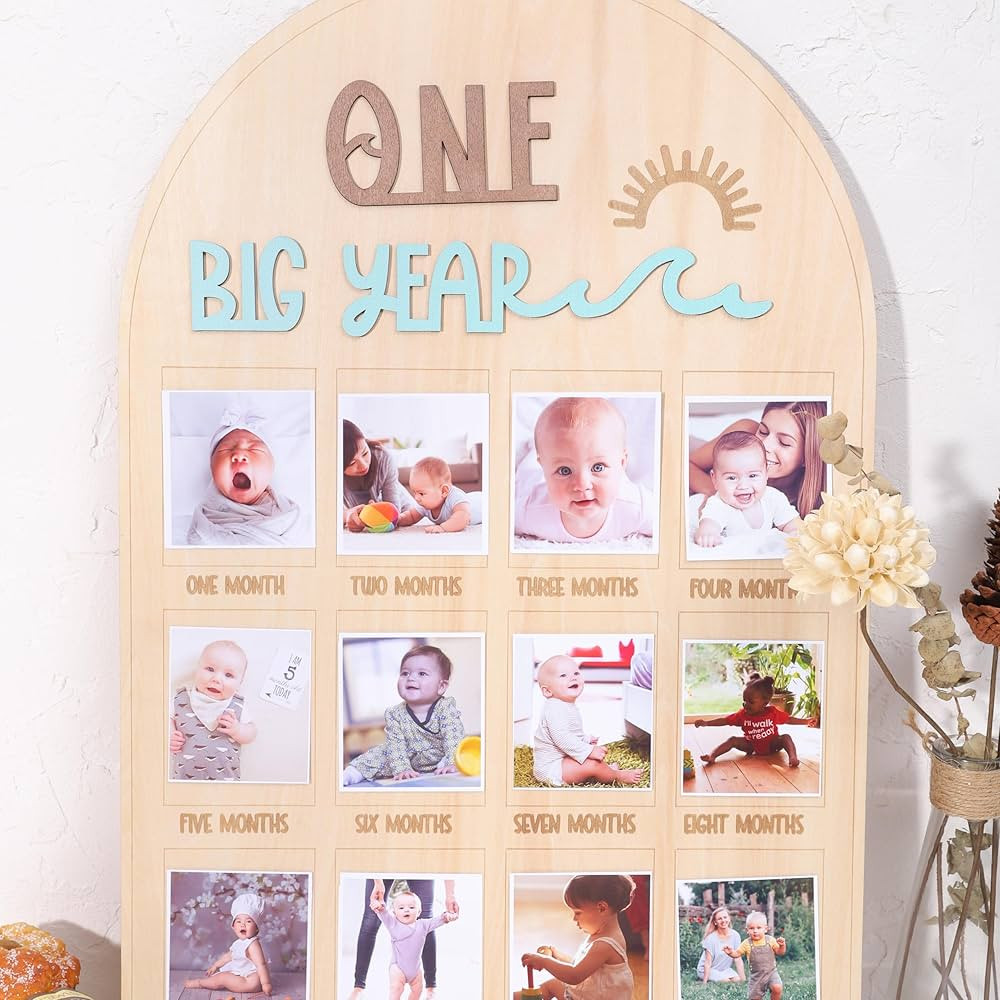The Big One surf One Year Old Photo Board - My First Year Photo Display Wood Board, Wave Theme Mo... | Amazon (US)