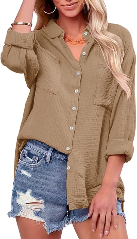 Saudacdn Women Button Down Shirts V Neck Blouse Long Roll Up Cuffed Sleeve Pocket Casual Boyfrien... | Amazon (US)