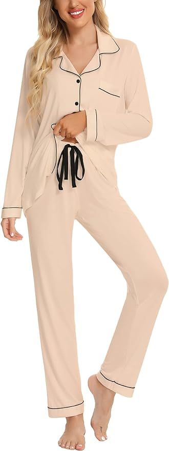 Anjue Pajamas for Women Soft Button Up Pajama Set Long Sleeve Shirt and Pajama Pants Lounge Sets ... | Amazon (US)