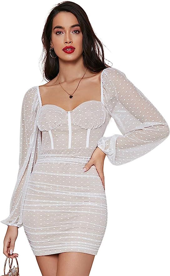 SheIn Women's Lantern Long Sleeve Mesh Sweetheart Neck Bustier Bodycon Dress | Amazon (US)