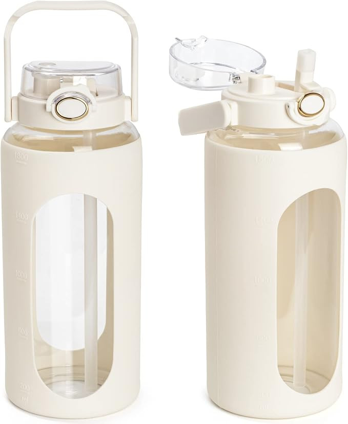 64oz Glass Water Bottles with Straw , Motivational Water Bottle with Silicone Sleeve & Double Dri... | Amazon (US)