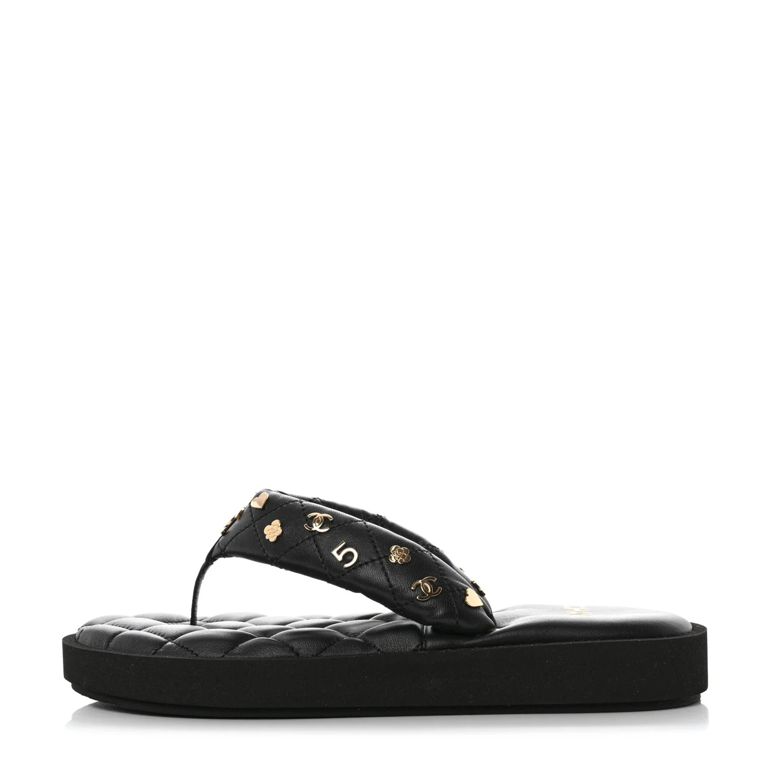 Lambskin Quilted Padded Charms Thong Sandals 36.5 Black | FASHIONPHILE (US)