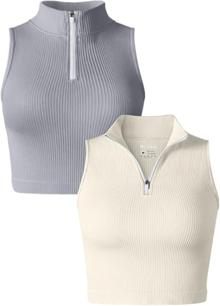 OQQ Women's 2 Piece Tank Tops Sleeveless Zip Basic Stretch Tee Shirts Crop Camis | Amazon (US)