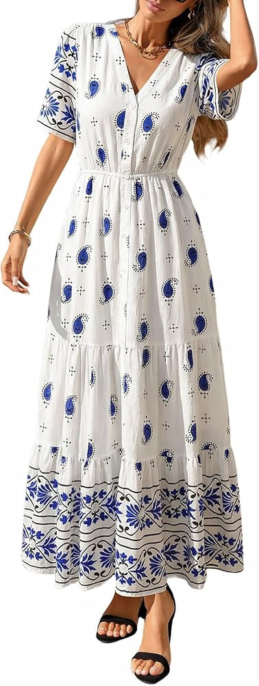 PRETTYGARDEN Womens Summer Boho Maxi Dress 2026 Trendy Short Sleeve V Neck Flowy Beach Floral Dre... | Amazon (US)