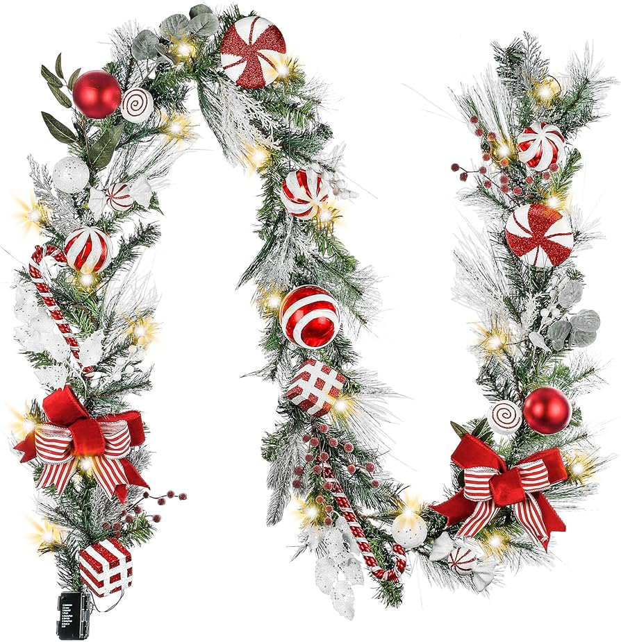 Valery Madelyn Pre-Lit 9 Feet Sweet Candy Red White Christmas Garland with 40 LED Warm Lights and... | Amazon (US)