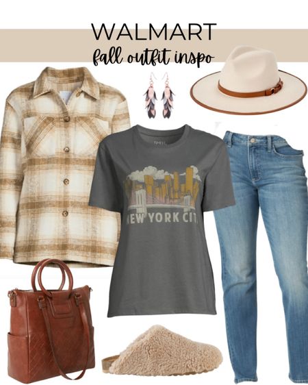 Walmart outfit inspo includes New York City graphic tee, plaid shacket, brown tote bag, Lee mortise jeans, leather trimmed fedora hat, earrings, and fleece closed toe clog shoes. 

Walmart finds, Walmart outfit, Walmart fashion, fall fit, fall outfit, fall outfit inspo, looks for less

#LTKfit #LTKstyletip #LTKSeasonal