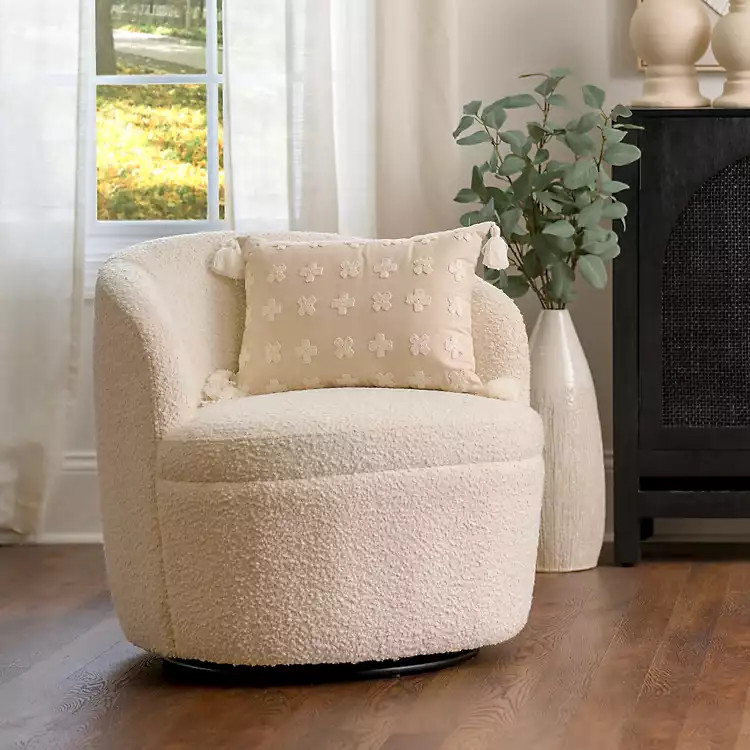 Small Round Cream Boucle Swivel Accent Chair | Kirklands Home | Kirklands