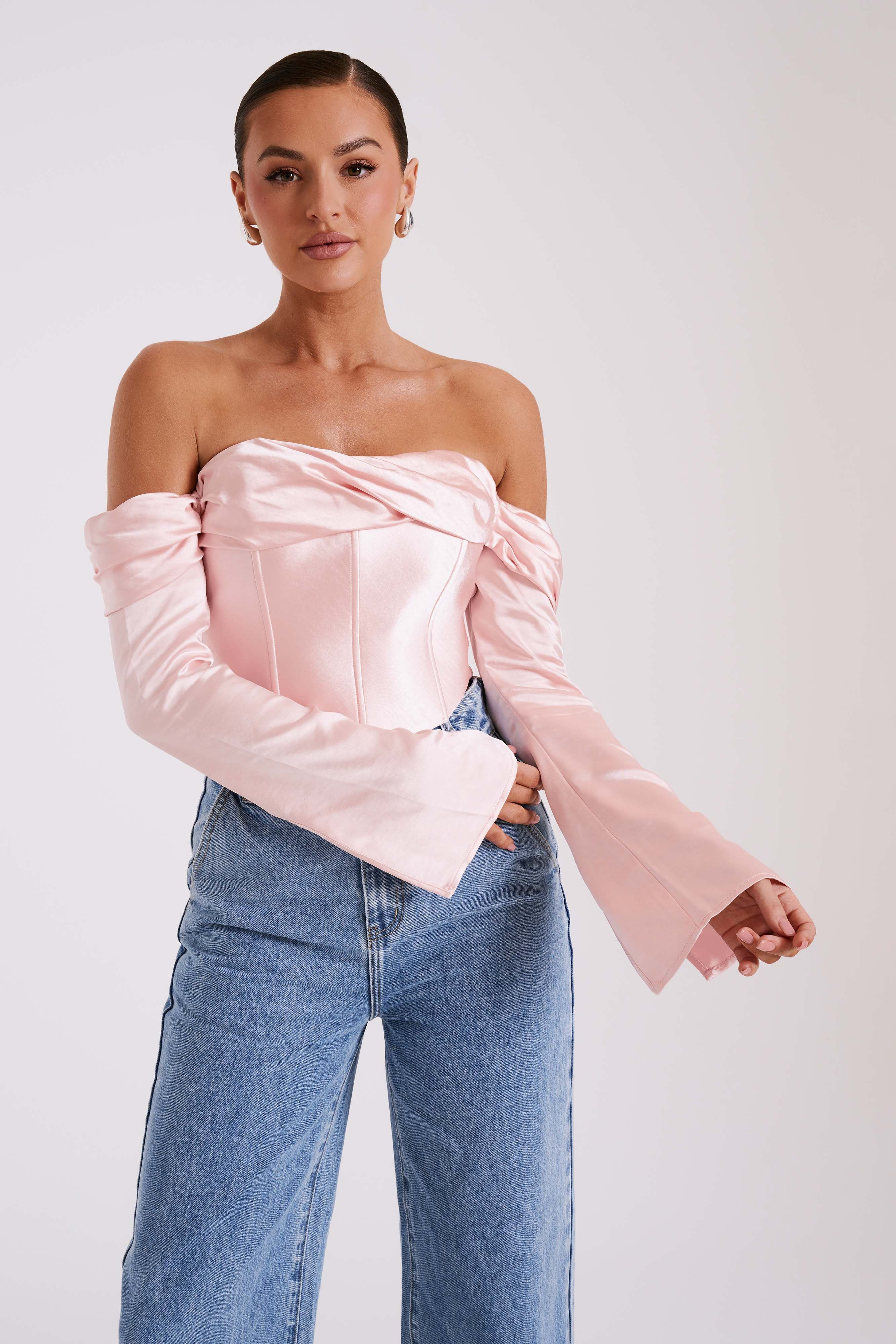 Giselle Satin Off Shoulder Top - Baby Pink | MESHKI US
