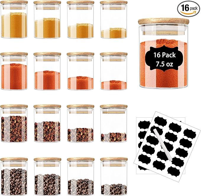 16 Pack Glass Jars with Bamboo Lids, 7.5 oz Airtight Spice Jars Set with Extra Labels and Pen, fo... | Amazon (US)