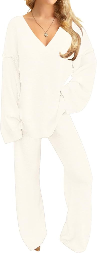 NORACORA Womens 2 Piece Fuzzy Fleece Lounge Sets Long Sleeve V Neck Pajama Set Fluffy Pjs Matchin... | Amazon (US)