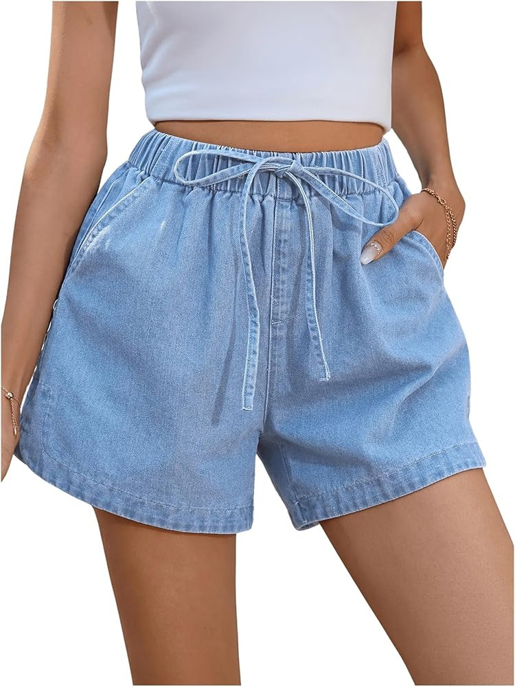 OYOANGLE Women's Elastic Waist Tie Front Straight Leg Denim Shorts Casual Jean Shorts with Pocket | Amazon (US)