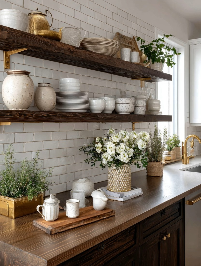 Floating shelves are beautiful on their own, but in a kitchen, they require a little more intention.

Unlike a decorative shelf in a living room, kitchen shelves often carry the weight of everyday life—plates, bowls, serving pieces, cookbooks, olive oils, and the items you reach for again and again.

That's why thickness matters.

Extra-thick floating shelves create visual balance and provide the substantial, grounded look that designer kitchens are known for. And when paired with elegant brass or gold brackets, they instantly move from functional storage to a true design feature.

We especially love the combination of rich natural wood and warm gold accents. The wood brings grounding warmth and texture, while the gold adds a polished layer of elegance that elevates the entire kitchen.

The best part? They don't just look beautiful. They create valuable display space for the pieces you love most—your favorite dishes, collected pottery, herbs, cookbooks, and everyday essentials.

Sometimes the most impactful kitchen upgrades aren't renovations at all. They're thoughtful details that make the room feel more intentional, more beautiful, and more you.

✨ Floating shelves. Better materials. Better styling. Better everyday living.

#KitchenDesign #FloatingShelves #KitchenDecor #OpenShelving #BrassDecor #HomeStyling #ElegantAndDriven 

 #LTKHome