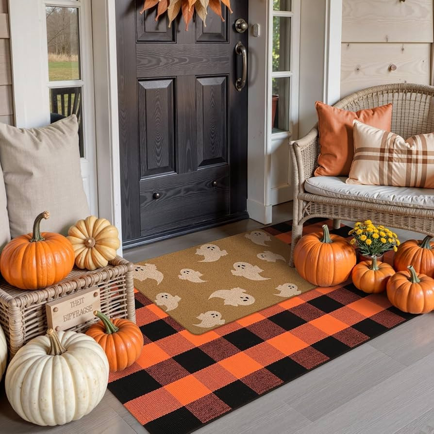 OJIA Fall Decor Halloween Front Door Mat Combo Set, Polyester Autumn Welcome Doormat + 3'x5' Blac... | Amazon (US)