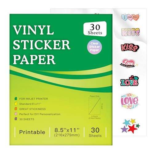 30 Sheets Printable Clear Sticker Paper for Inkjet Printer, Premium Vinyl Transparent Sticker Paper Waterproof, Dries Quickly, Vivid Colors, Tear Resistant, 8.5x11" Labels Great for Cutting Machines | Amazon (US)